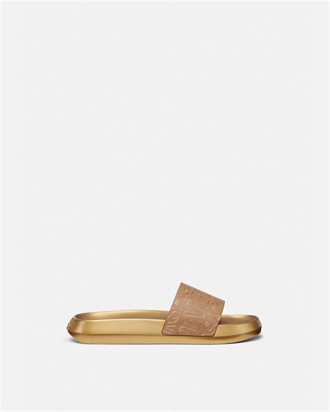 versace gold studded slides|Versace allover slides.